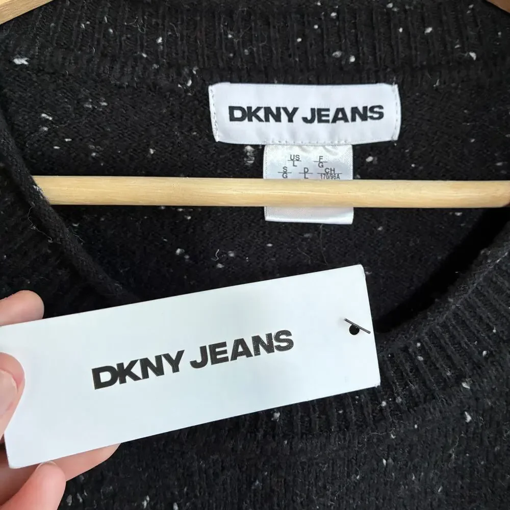 NWT DKNY Jeans black pullover crewneck knit sweater women's size L $89 MSRP
